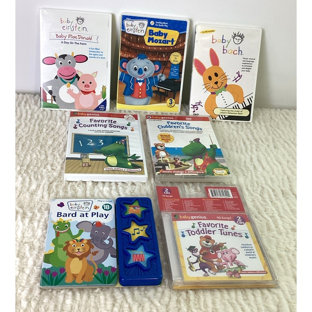 Lot of Baby Einstein & Baby Genius - 7 DVDs, 2 CDs, 1 Book - 4 Months to 4 Years